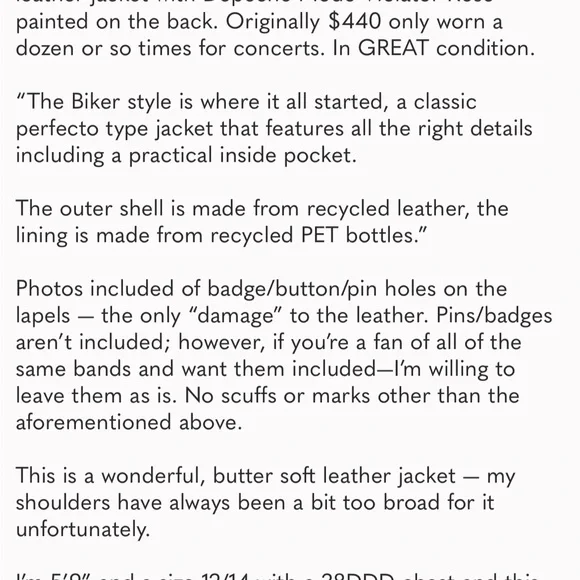 Deadwood Depeche Mode Leather Jacket size 44 (size 12/XXL). - Picture 2 of 8
